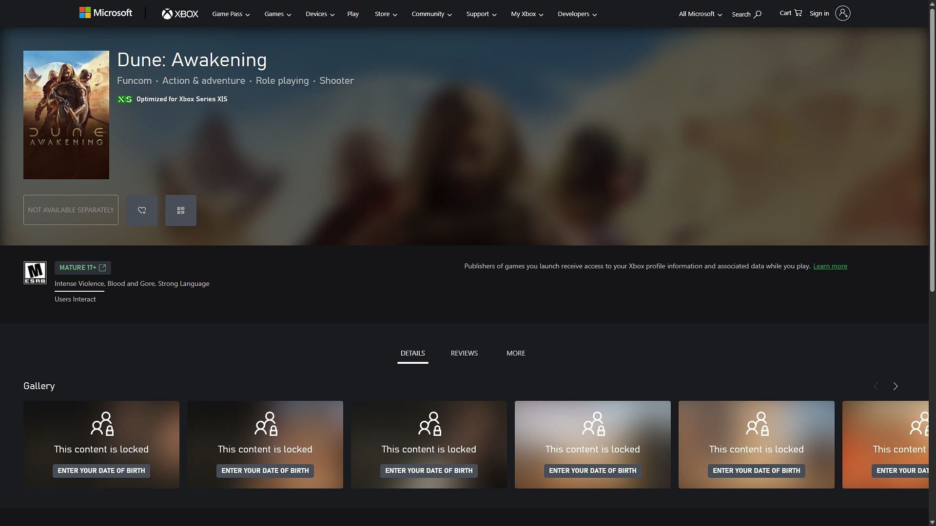 Dune Awakening is listed, but currently unavailable (Image via Xbox)